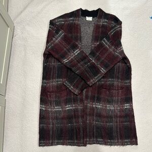 DKNY Maroon Plaid Longline Cardigan